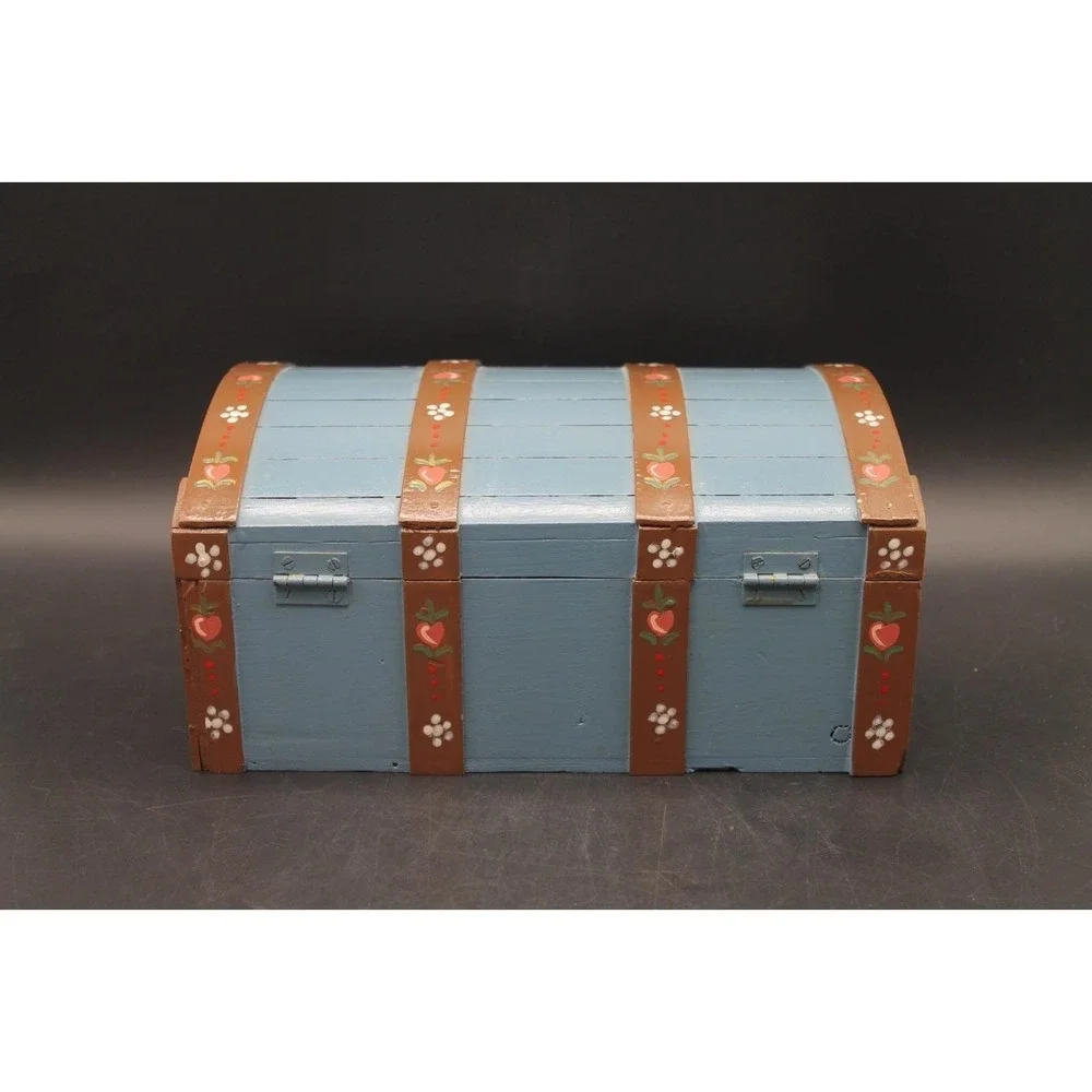 Hand Painted Wooden Treasure Chest Folk Art Storage Box Blue Heart Floral